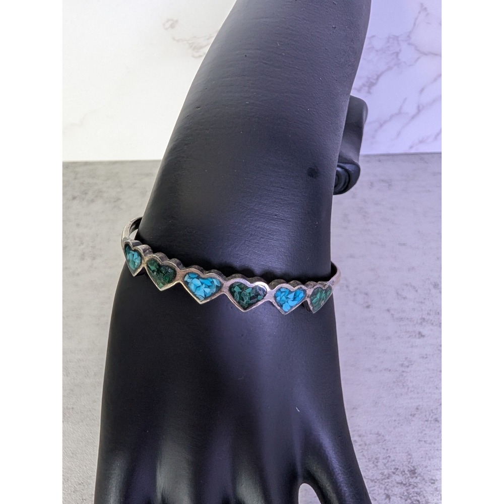 Vintage Sterling Silver Heart Cuff Bracelet Turquoise Malachite Chip Inlay 925